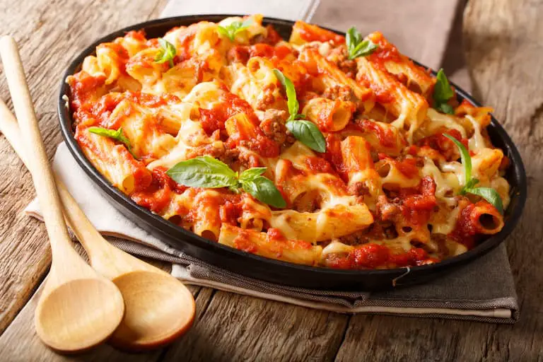 A ziti casserole ready for freezing