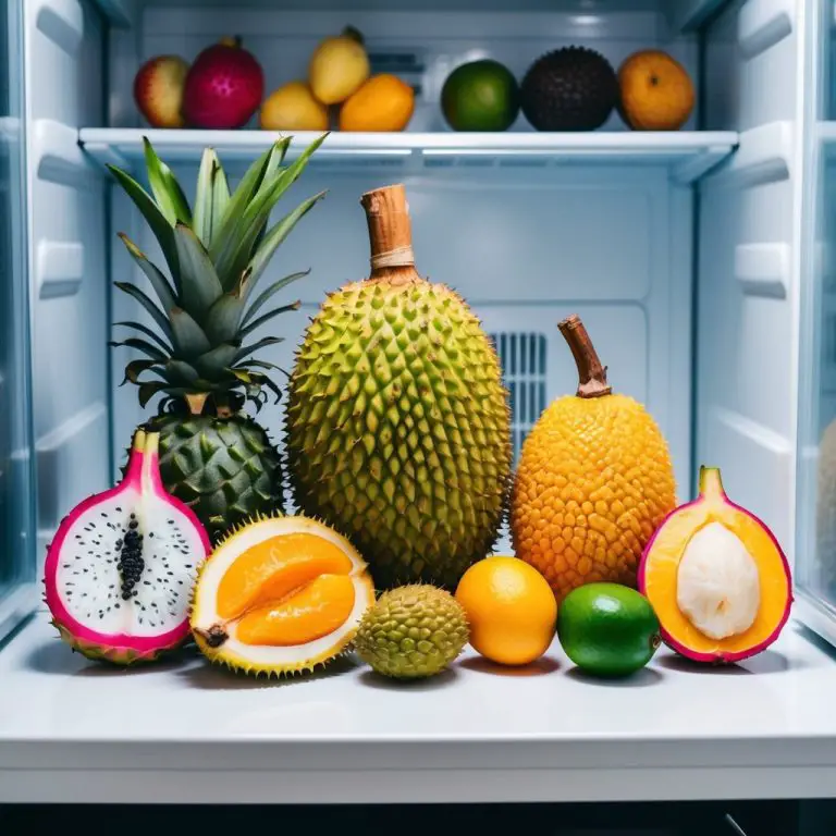 A variety of exotic foods (such as dragon fruit, jackfruit, durian, lychee, and mangosteen) arranged on a clean, white surface with a freezer door ajar